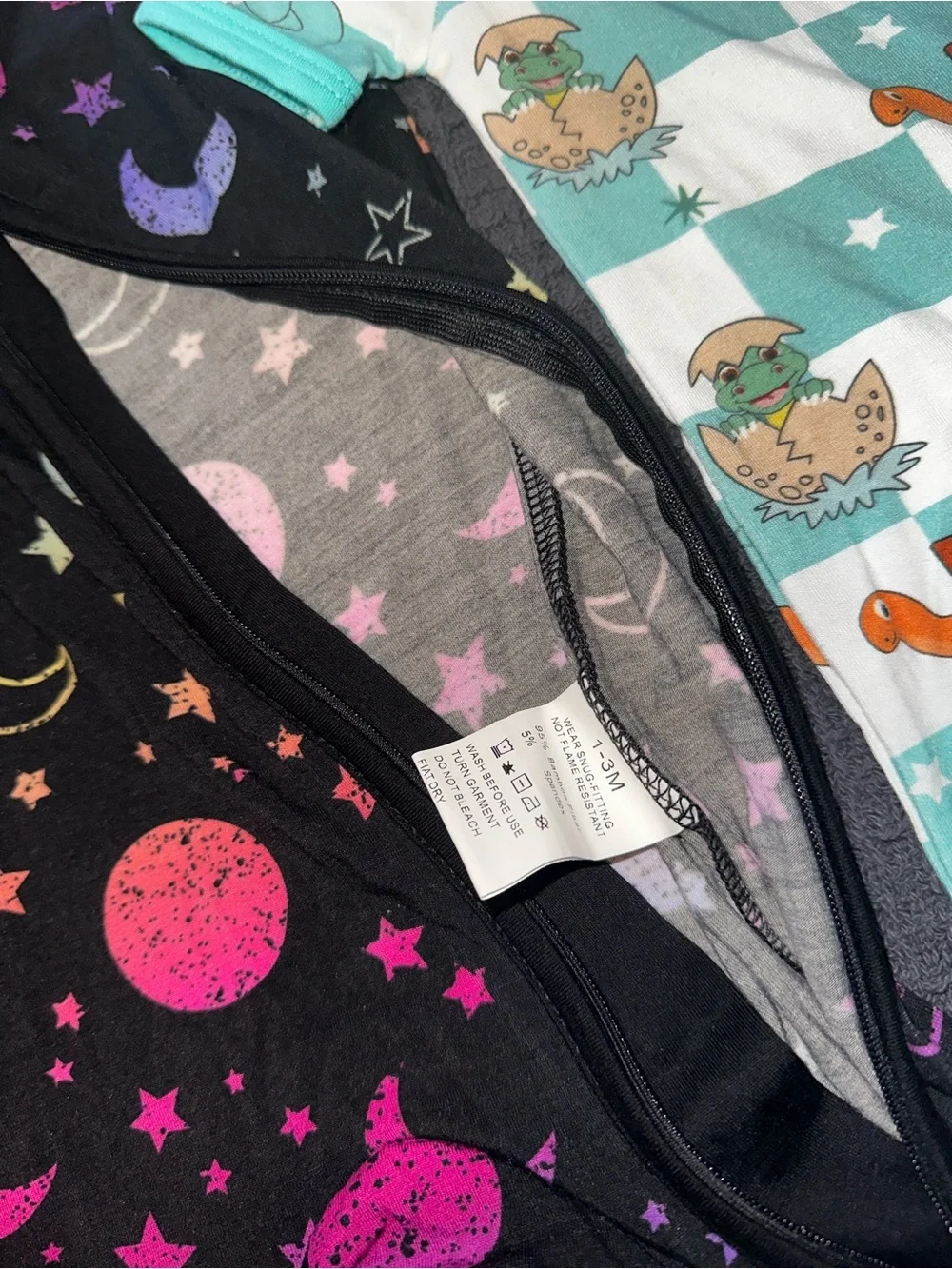 Baby 0/3 months Shortie Romper in Black Galaxy Print and Teal Dino Check